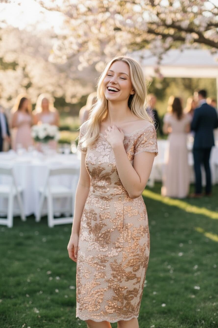 JS COLLECTIONS DRESS GOLD TAN WEDDING GUEST SEQUIN FLORAL EMBROIDERED COCKTAIL